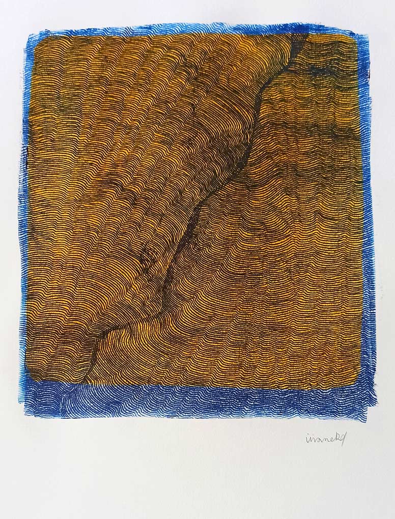 viviane-rabaud-estampe-grands-formats-66-oeuvre Lignes, oeuvre viviane rabaud, encre, estampe, croisements de lignes bleues sur fond jaune