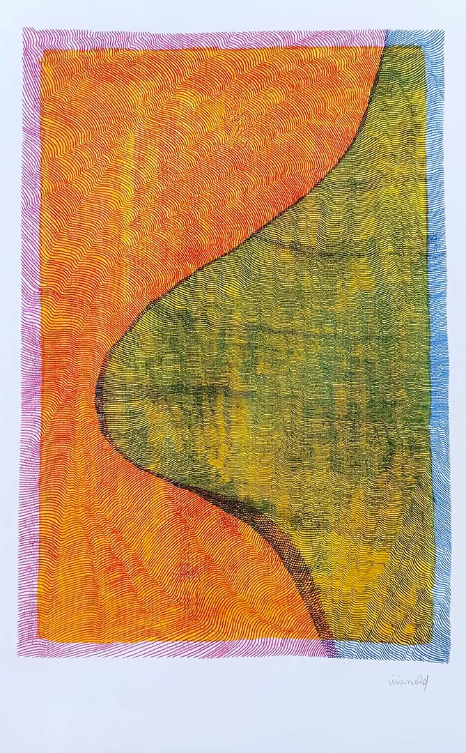 Lignes, oeuvre viviane rabaud, encre, estampe, croisements de lignes bleues et rouges sur fond jaune