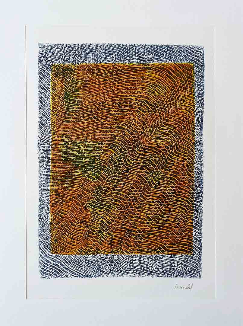 Lignes, oeuvre viviane rabaud, encre, estampe, lignes bleues sur fond orange