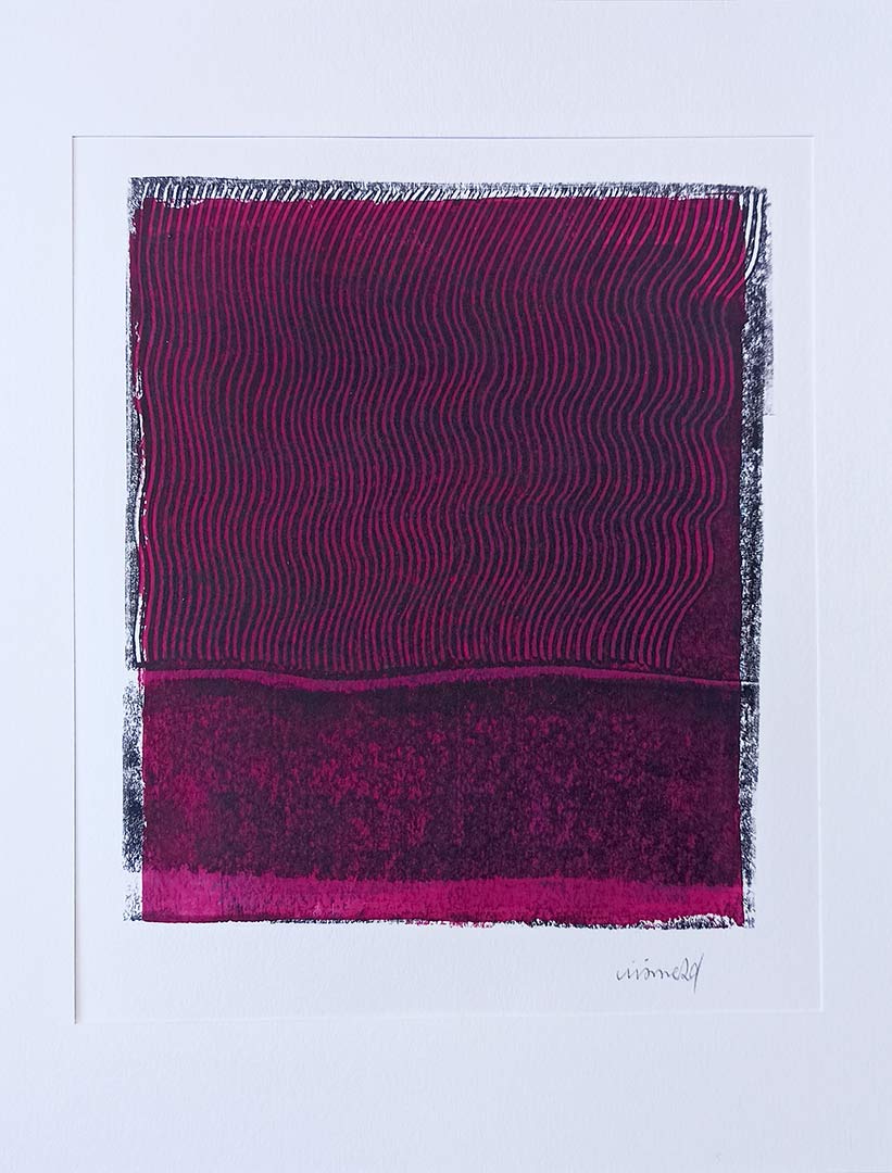 Lignes, oeuvre viviane rabaud, encre, estampe, lignes noires sur fond rose