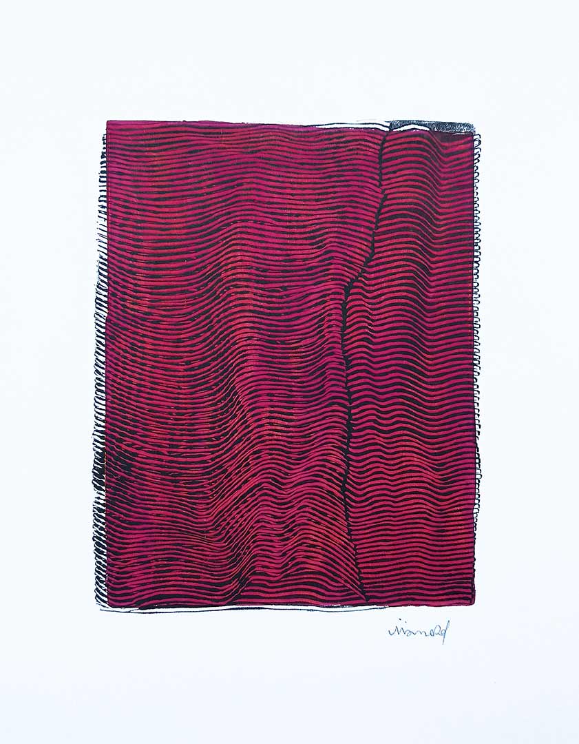 Lignes, oeuvre viviane rabaud, encre, estampe, lignes noires sur fond rose