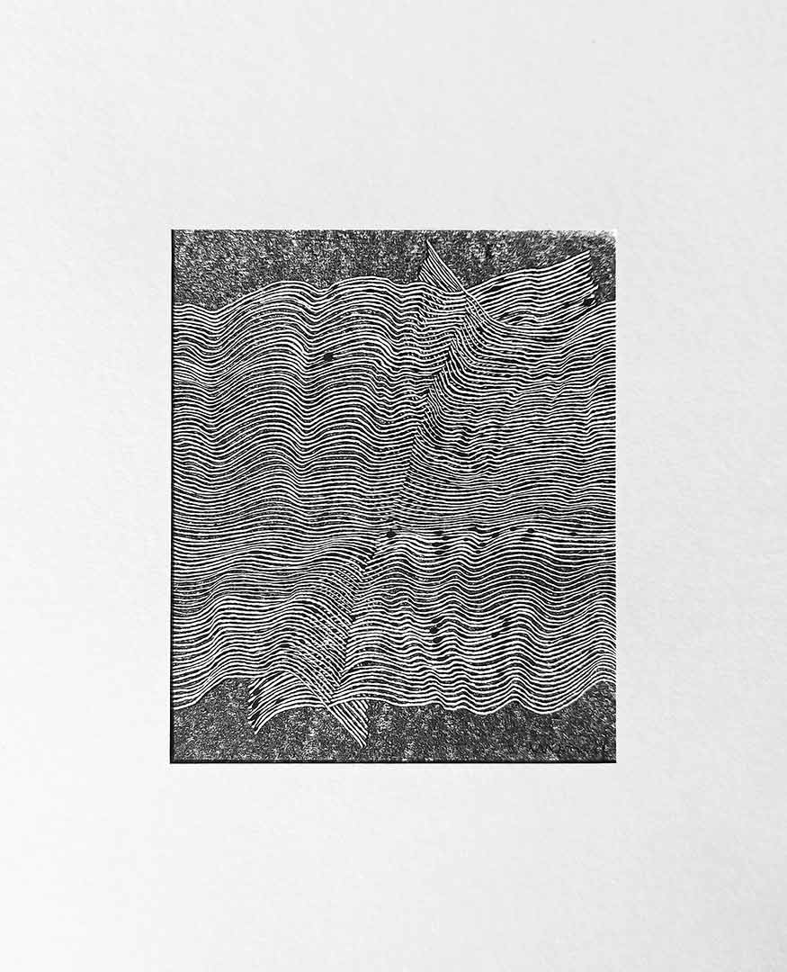 Lignes, oeuvre viviane rabaud, encre, estampe, lignes blanches sur fond noir