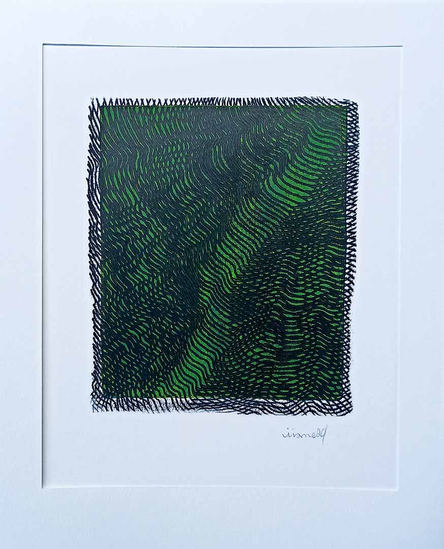 Lignes, oeuvre viviane rabaud, encre, estampe, lignes noires sur fond vert