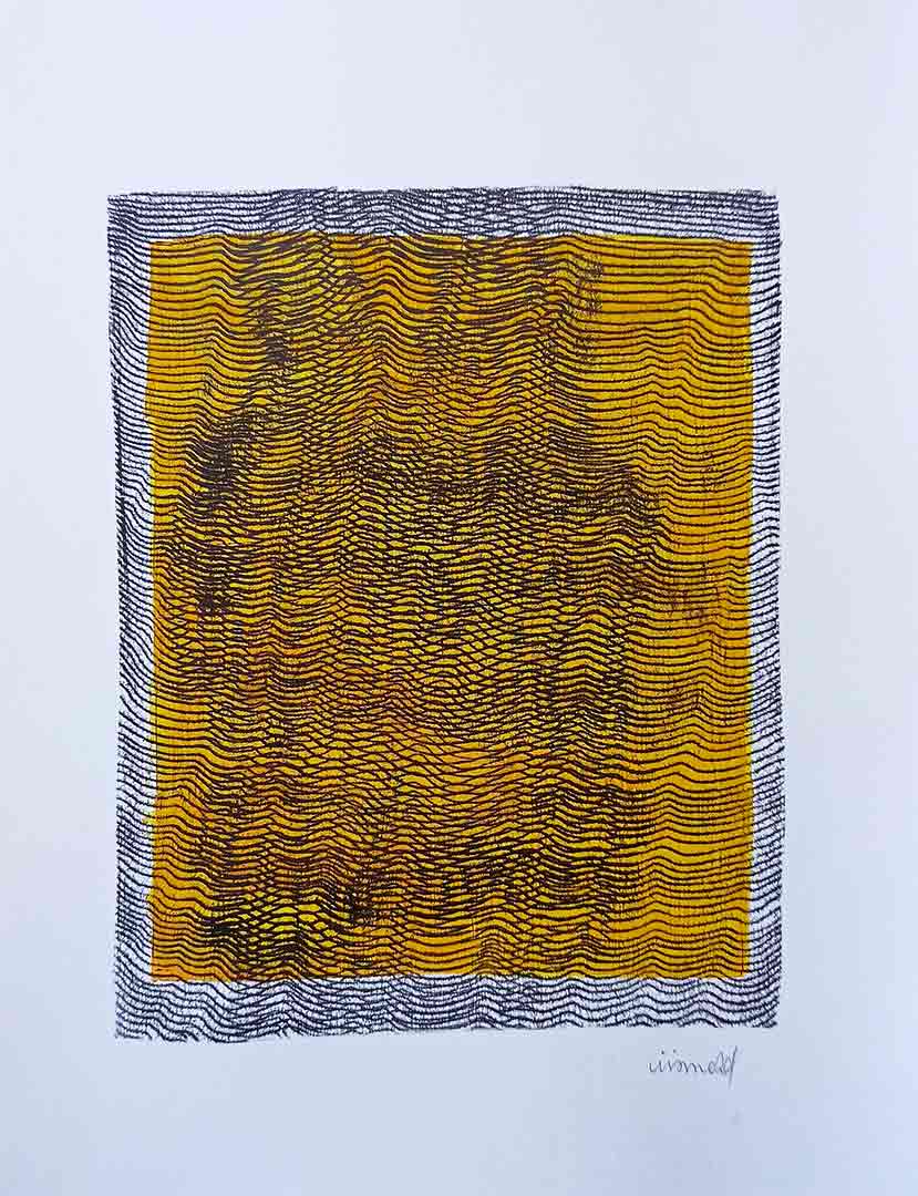 Lignes, oeuvre viviane rabaud, encre, estampe, lignes noires sur fond jaune