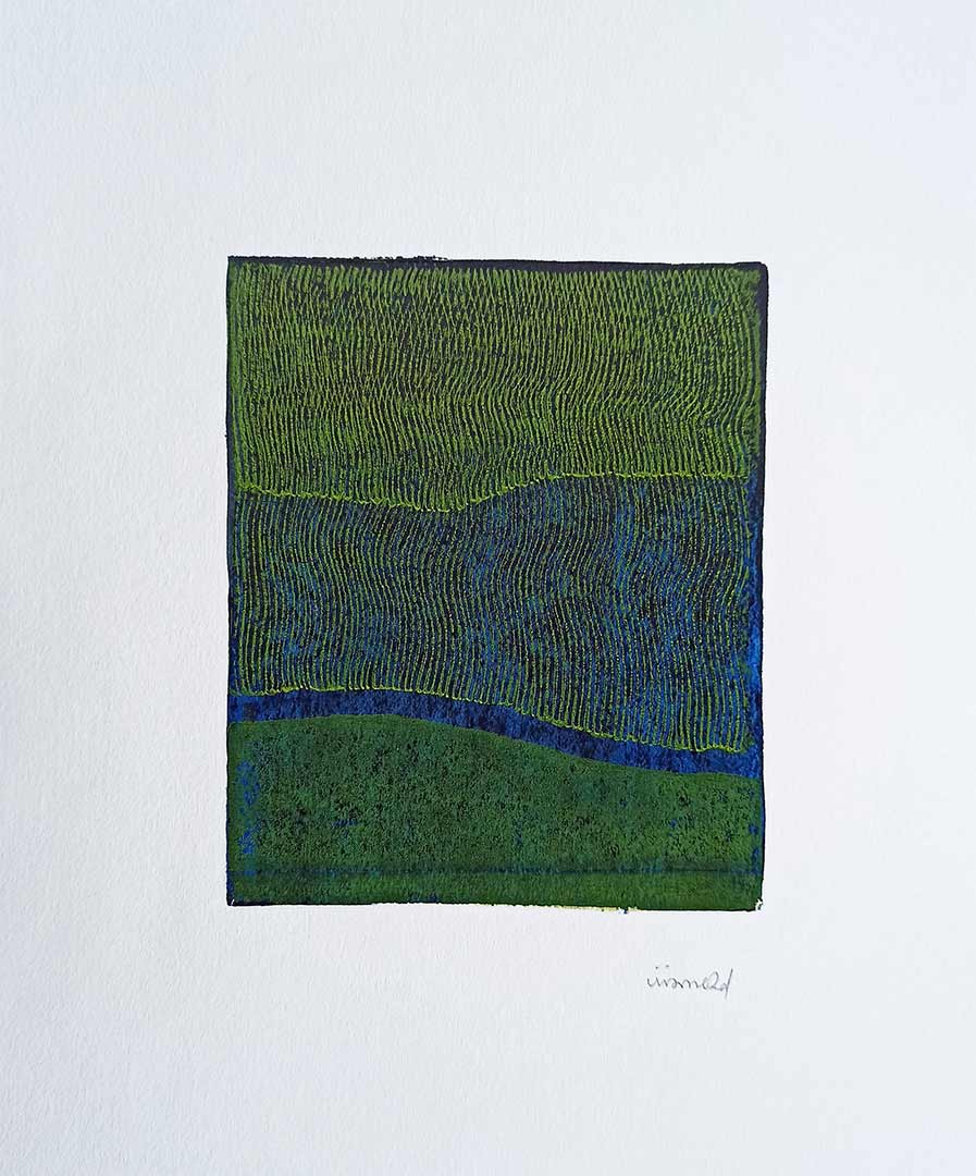 Lignes, oeuvre viviane rabaud, encre, estampe, lignes jaunes sur fond bleu