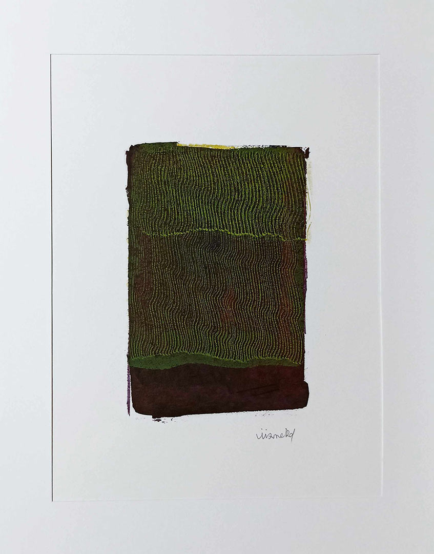 Lignes, oeuvre viviane rabaud, encre, estampe, lignes jaunes sur fond violet