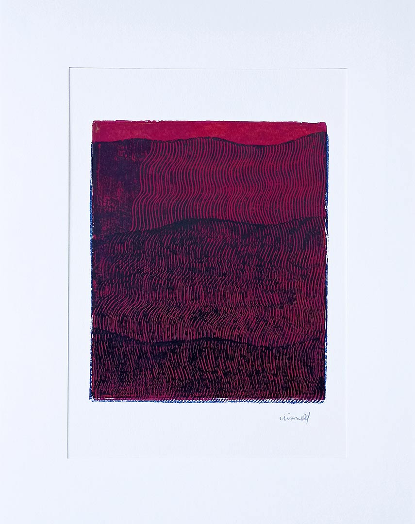 Lignes, oeuvre viviane rabaud, encre, estampe, lignes noires sur fond rose
