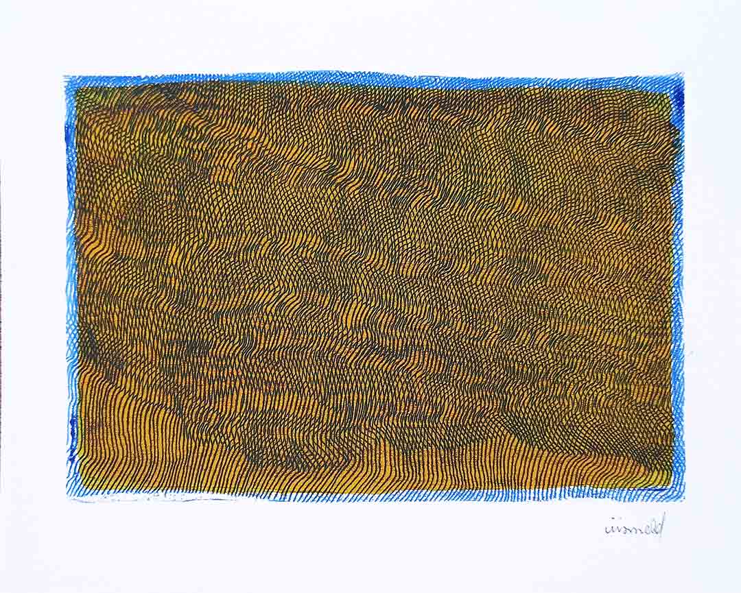 Lignes, oeuvre viviane rabaud, encre, estampe, lignes bleues sur fond jaune