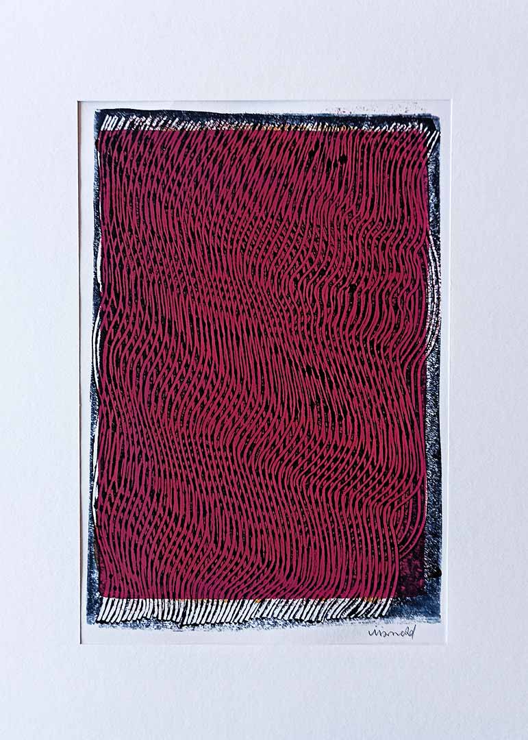 Lignes, oeuvre viviane rabaud, encre, estampe, lignes noires sur fond rose