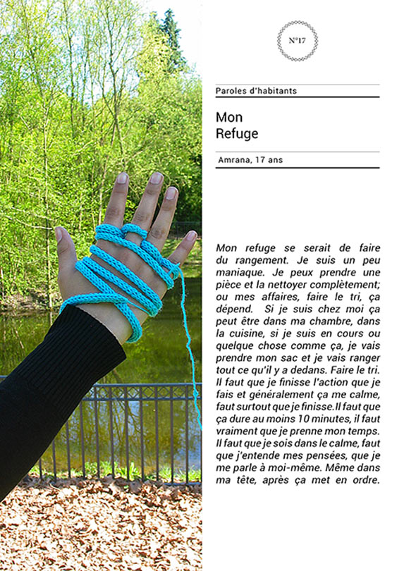 liberation-du-tapis-mureaux-viviane-rabaud1 libération du tapis, parc de l'oseraie, les mureaux. Détail d'affiche portrait de mains, Amrana, 17 ans. Main avec tricotin bleu et témoignage. Art participatif, Viviane Rabaud