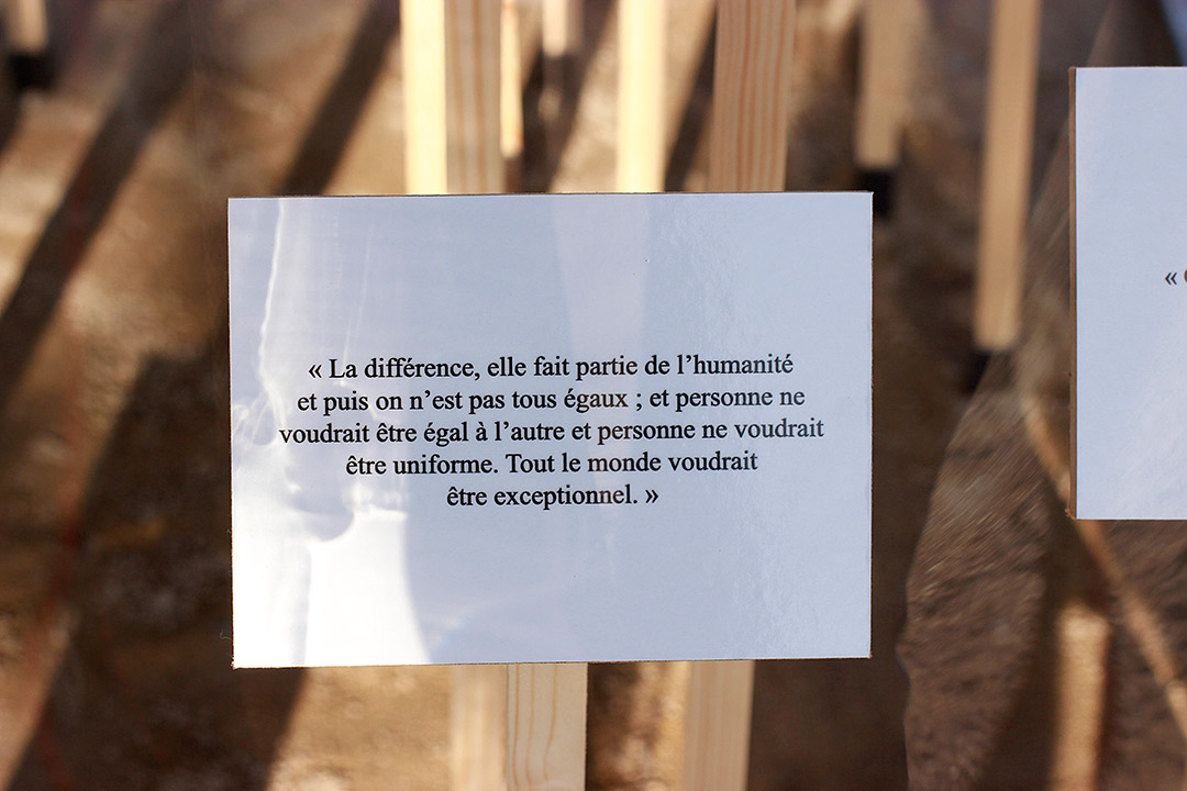 Ministère des Affaires de la Terre, Bains des Pâquis, Genève. Intérioeur de la serre, détail d'une phrase sur panneaux bois. Art participatif, Viviane Rabaud